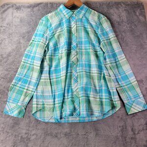 Talbots Women L Button Up Shirt Plaid Long Sleeve 100% Cotton Casual Blue Green